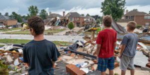 Children staring at storm debris in their neighborhood