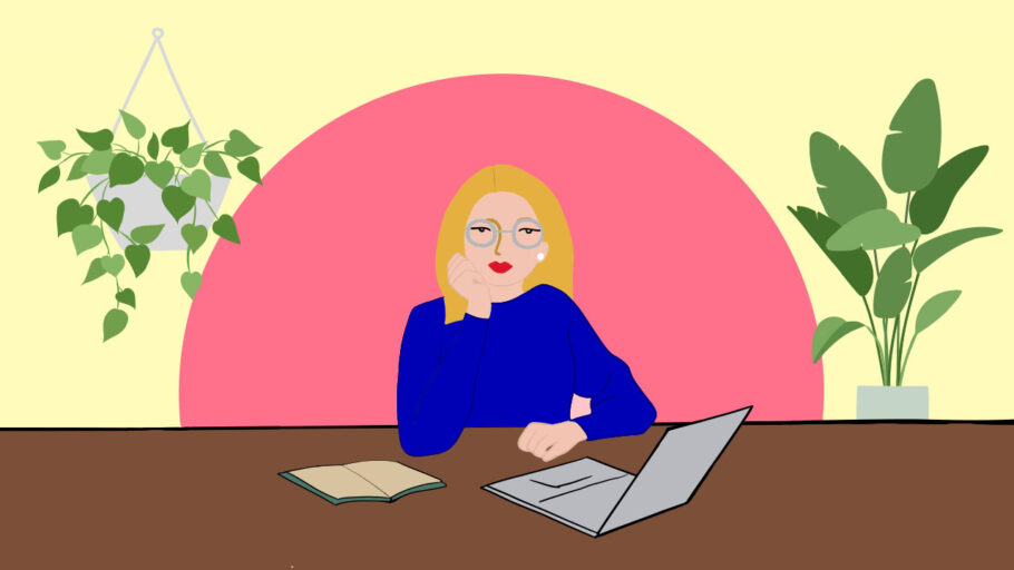 drawing of blond woman sitting at desk with open laptop, plants on both sides