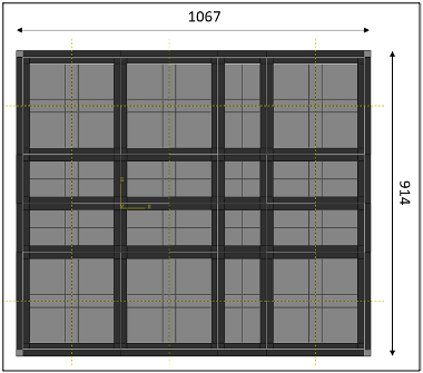 Gray background with thick black grid pattern measuring 1,067 x 914 cm.