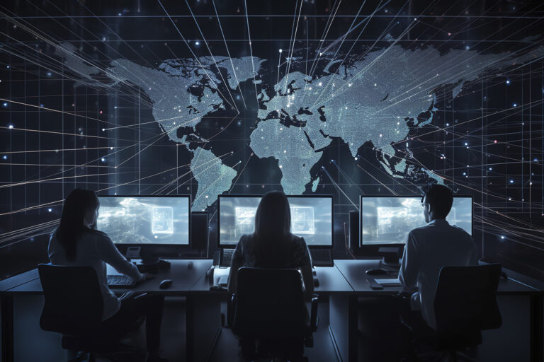 Two women and one man sit in a dark room at a computer table with three monitors. Behind the monitors is a world map with markers protruding