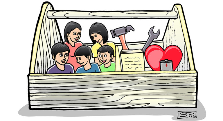 Drawing of a toolbox. Inside the box are five people, a hammer, wrench, book, heart, and water flask