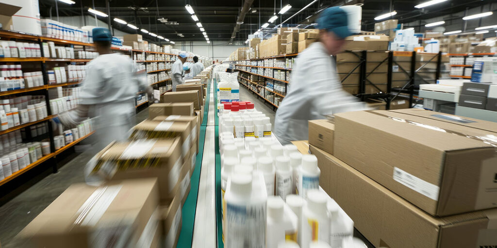 AI-generated image of people helping distribute medications in a pharmaceutical warehouse