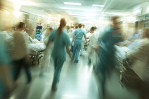 Emergency room: A busy and dynamic scene in the hospital emergency room, with doctors, nurses, and patients in action, highlighting the urgency and critical care environment.