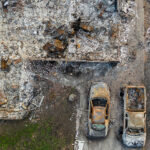 Aerial view of burned down houses from wildfire