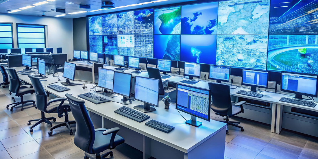 a large room with computers and monitors and computers on the wa