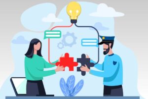 Illustration of woman and police officer sharing puzzle pieces and coming to a single idea