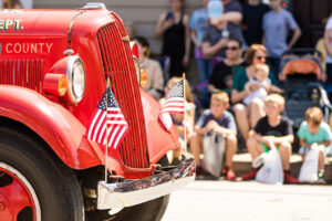 Small Town Fourth of July Parade, Vintage Firetruck with America