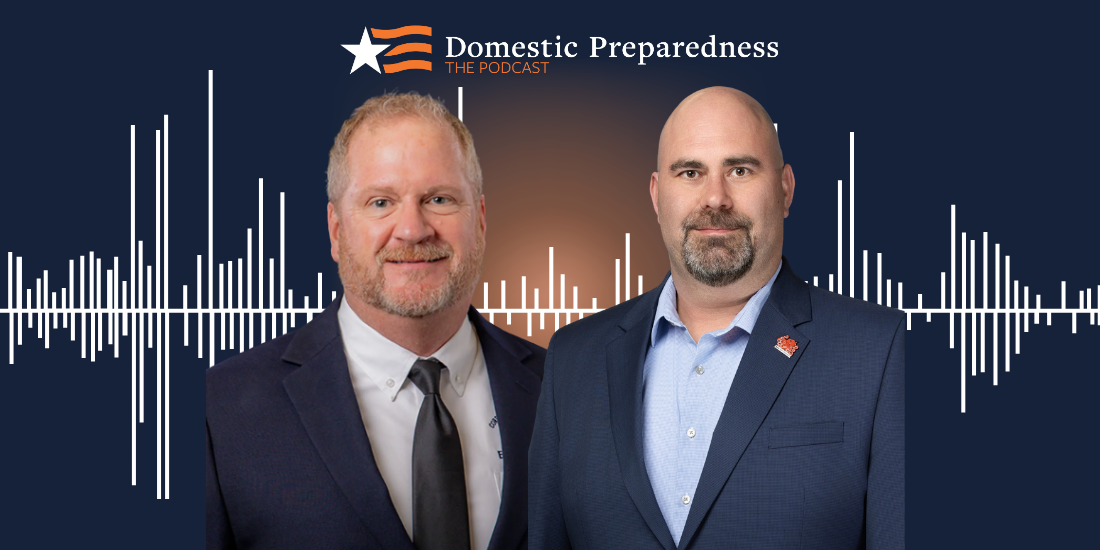 Domestic Preparedness: The Podcast logo above a headshot of Mike Griffin and Jace Johnson with a sound bar image in the background.
